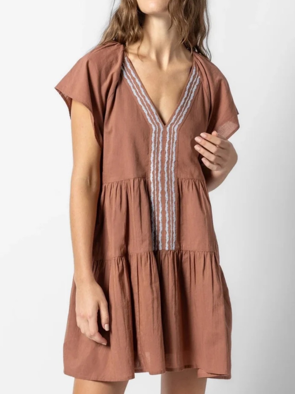 Lilla P Brown Embroidered Tiered Mini Dress